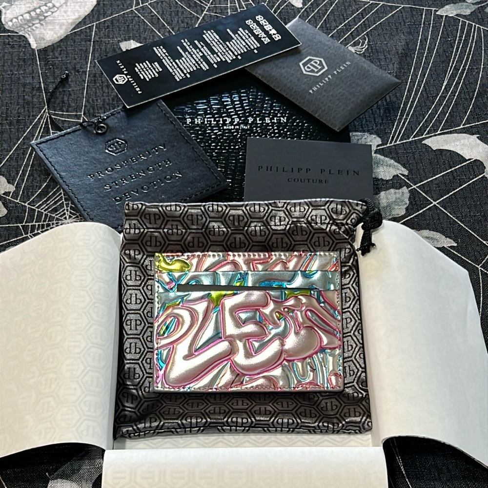 NWT PHILIPP PLEIN MIRROR LEATHER FRENCH WALLET BOMBING GRAFFITI MENS CARD HOLDER